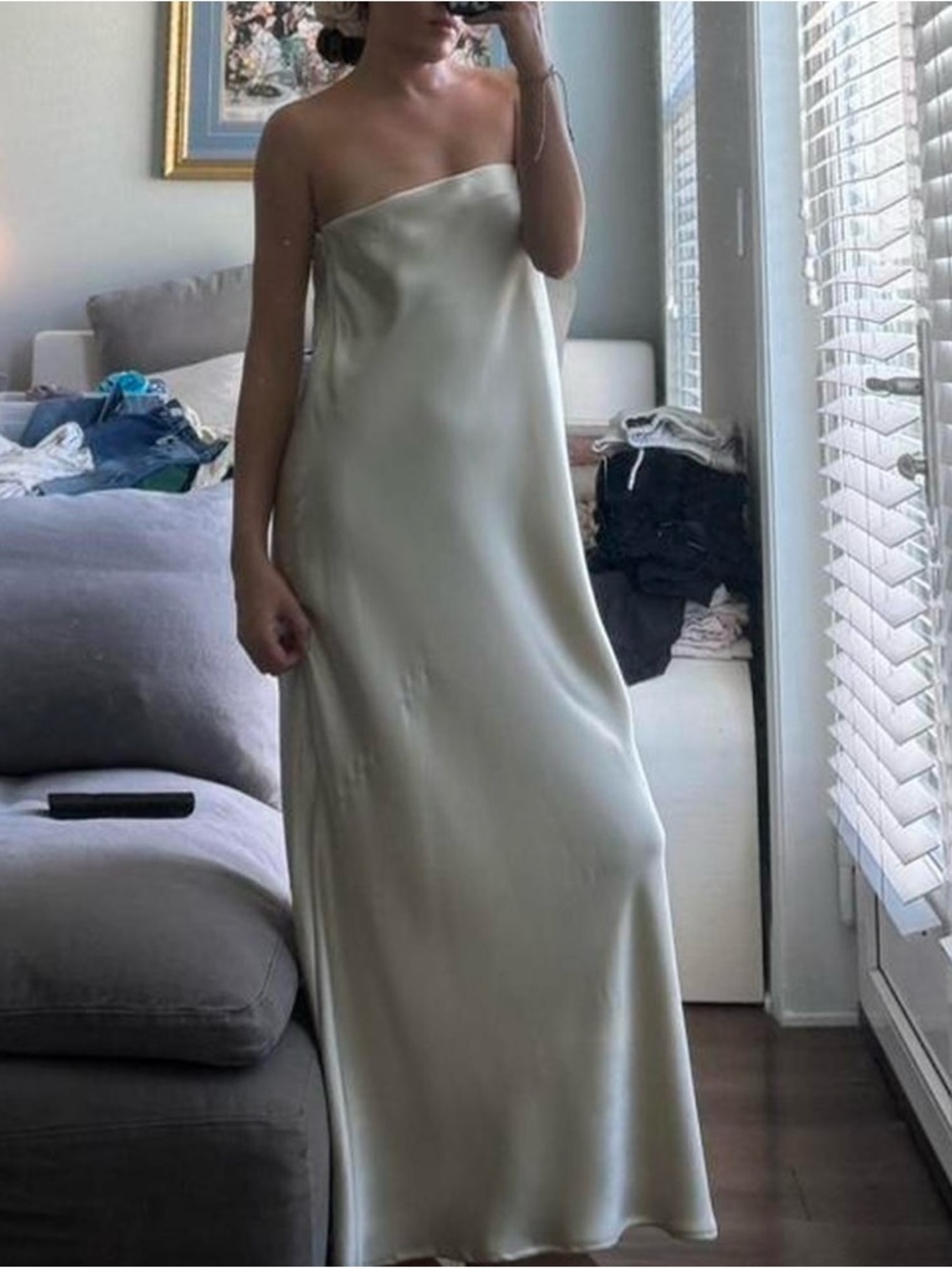 Zara Strapless Satin Slip Dress in light Pearl green